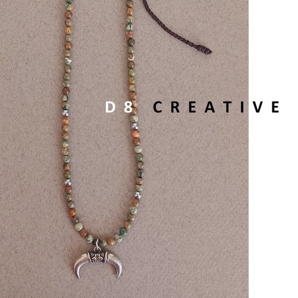 New men's turquoise stone with steel beads and horns pendant hand woven necklace - Picture 4 of 8